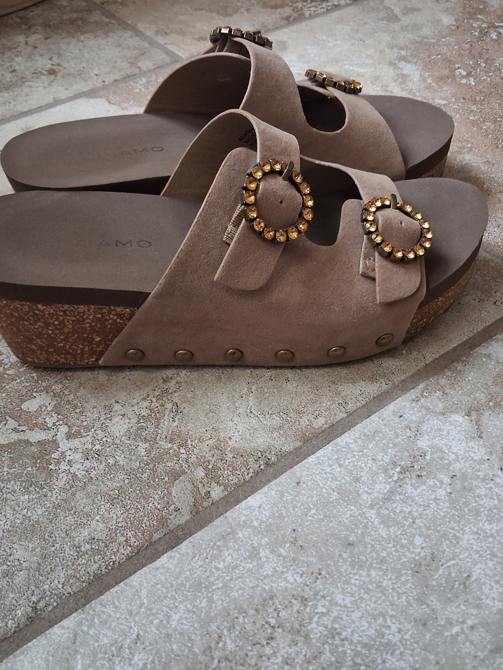 AMO Taupe Suede Double-Buckle Platform Mules